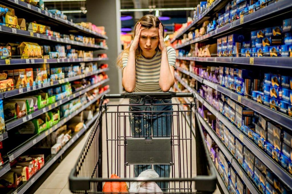 A woman looks stressed while walking down a grocery store isle. 