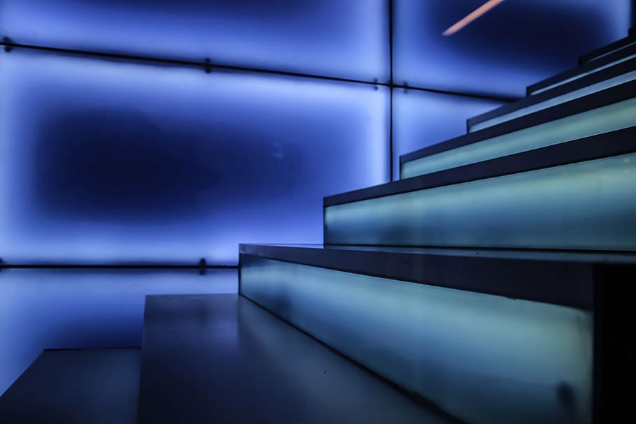 An illuminated staircase. 